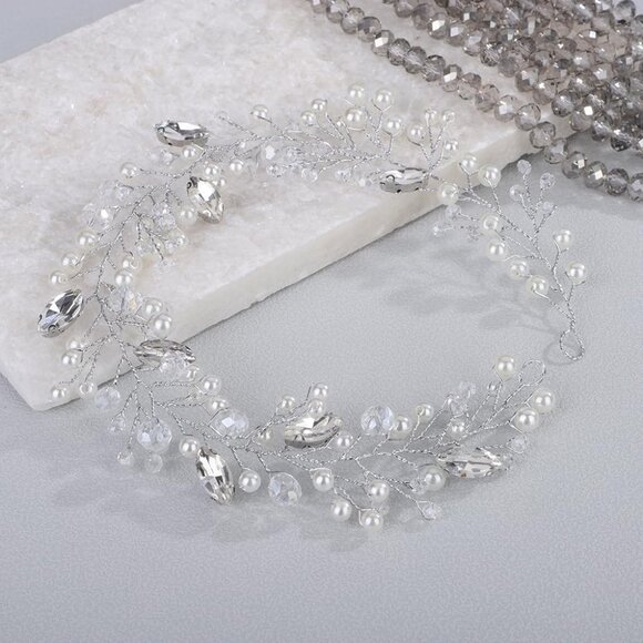 Silver Rhinestone Pearl Headband Bridal Wedding Hair Accessories for Women - Picture 3 of 4